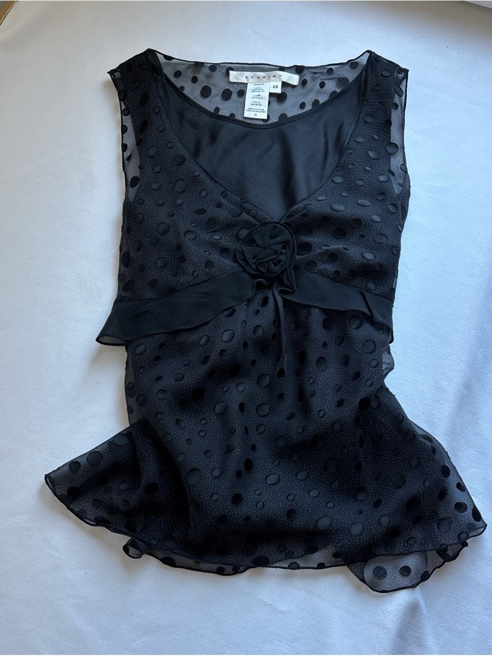 Studio M Black Sheer Polka Dot V-Neck Camisole with Knot Detail